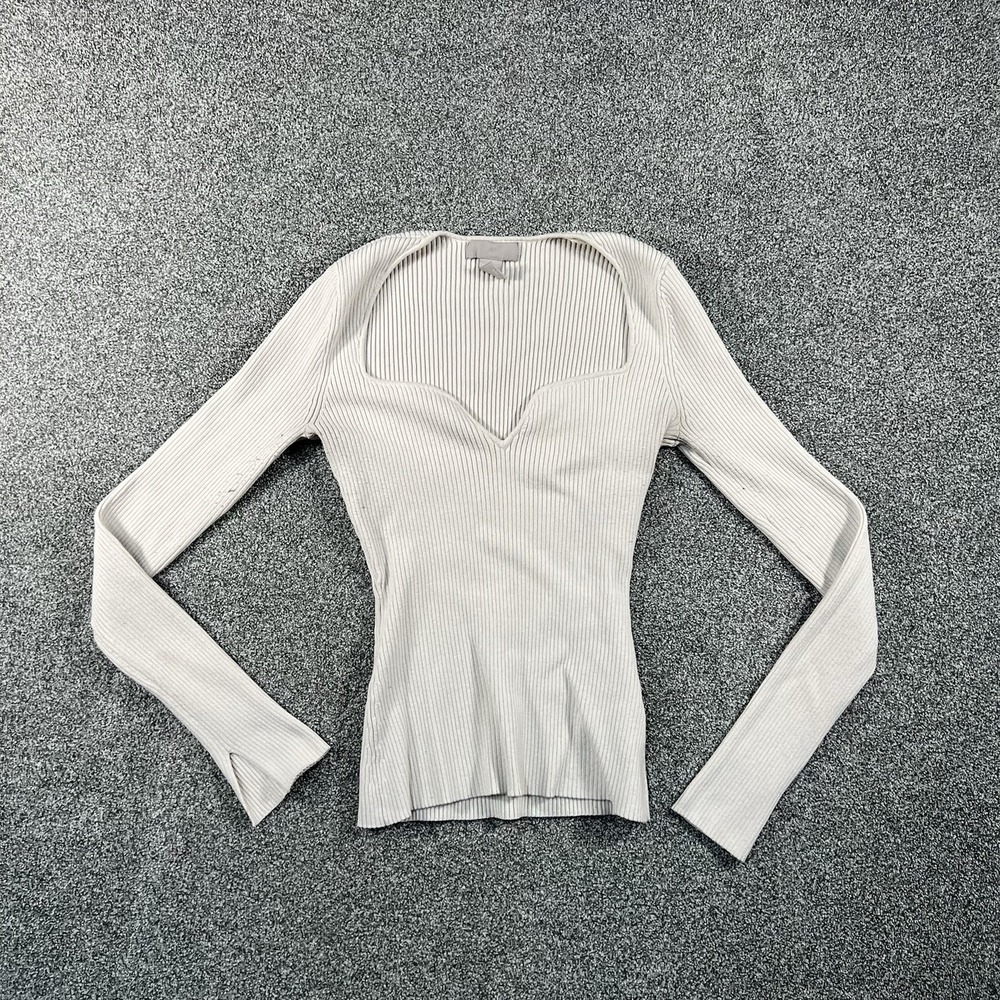 H&M Womens Ribbed Knit Sweetheart Neck Long Sleeve Fitted Top Cream Ivory S